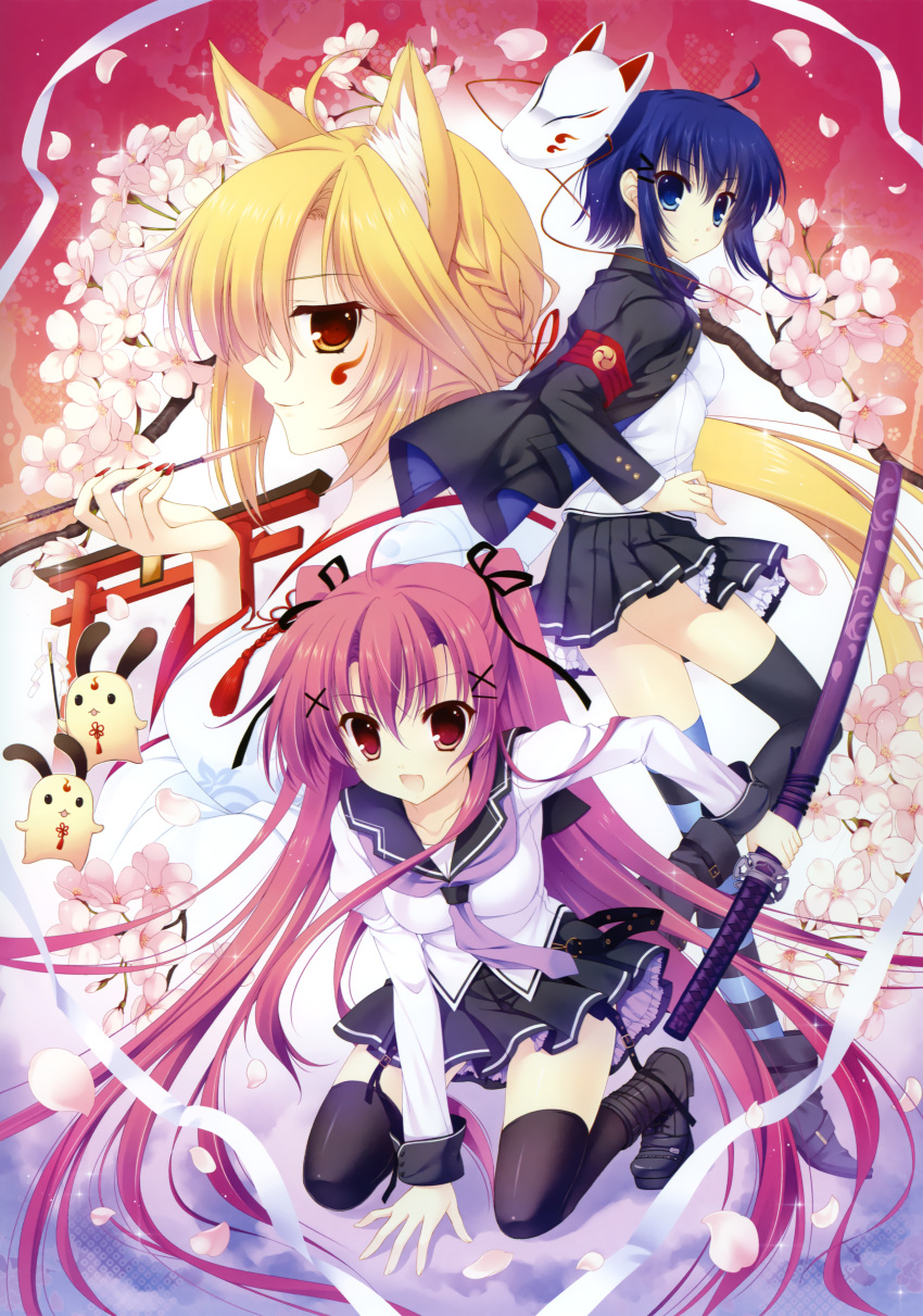 3girls absurdres animal_ears black_legwear blonde_hair blue_eyes blue_hair cherry_blossoms fox_ears fox_mask highres huge_filesize katana mask mitha multiple_girls pink_hair pipe red_eyes school_uniform sword tagme thigh-highs torii weapon