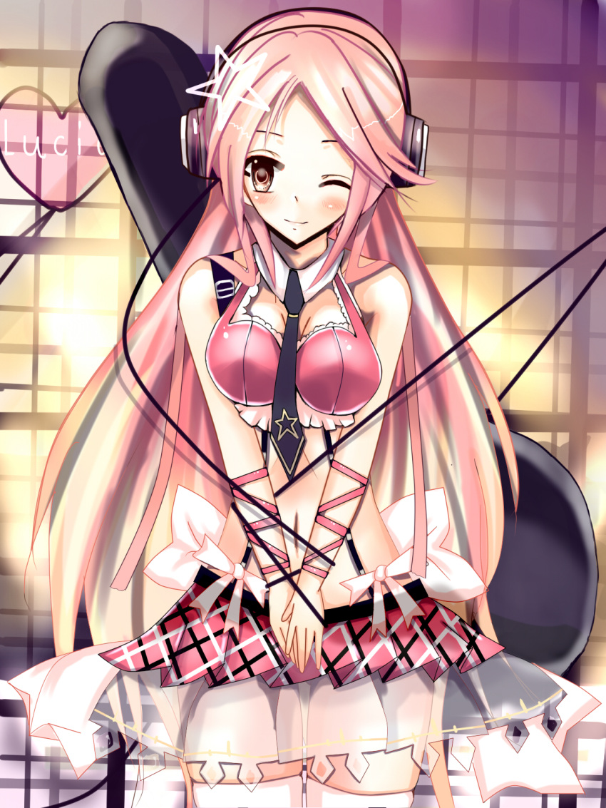 absurdres bare_shoulders blush bow heart highres instrument_case large_breasts long_hair lucia midriff miniskirt navel necktie pangya pink_eyes pink_hair ribbon see-through skirt smile star thigh-highs thighhighs tukisimawataru wink