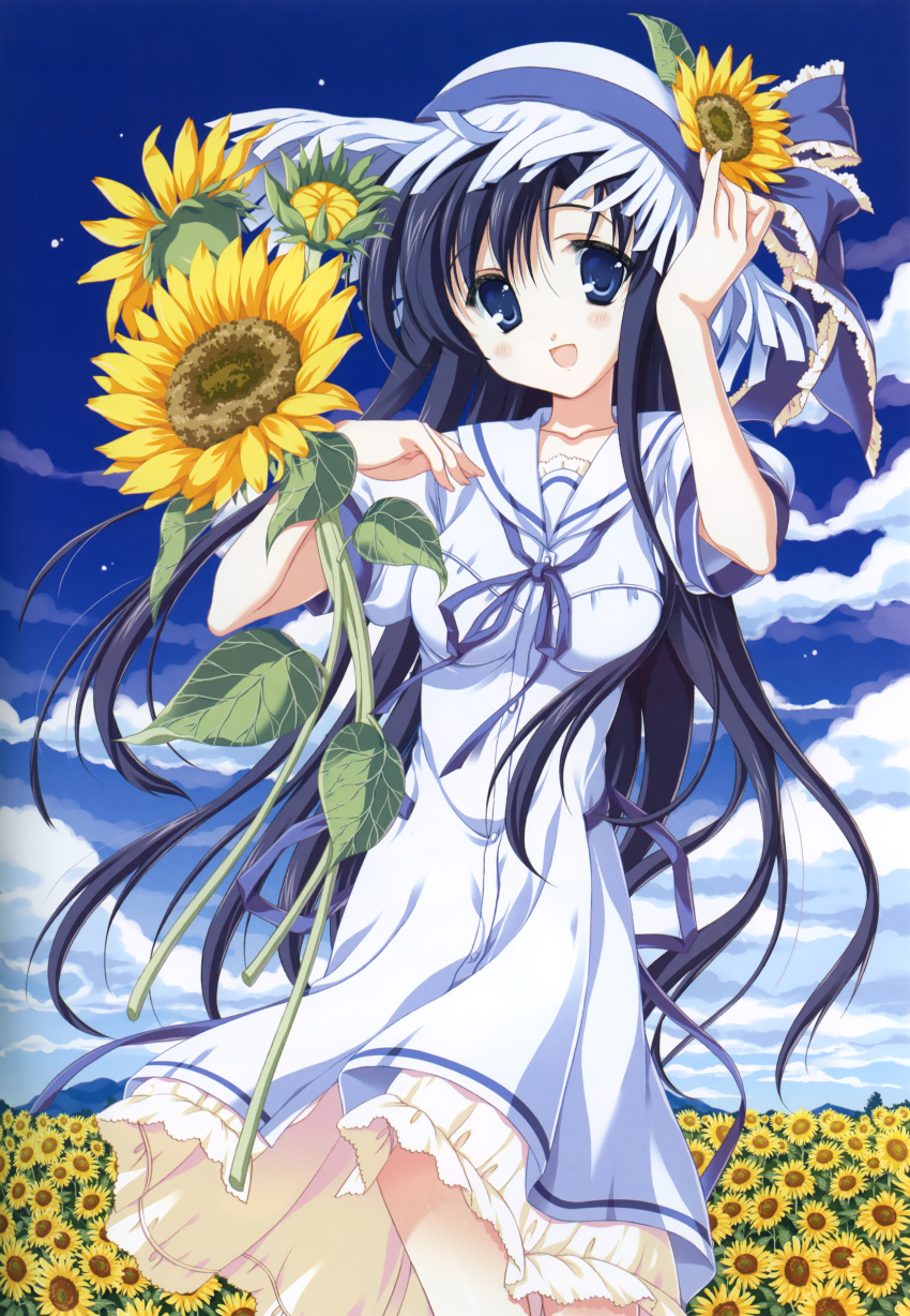 1girl :d absurdres black_hair blue_eyes dress field flower flower_field hat highres huge_filesize odawara_hakone open_mouth sky smile sunflower tagme