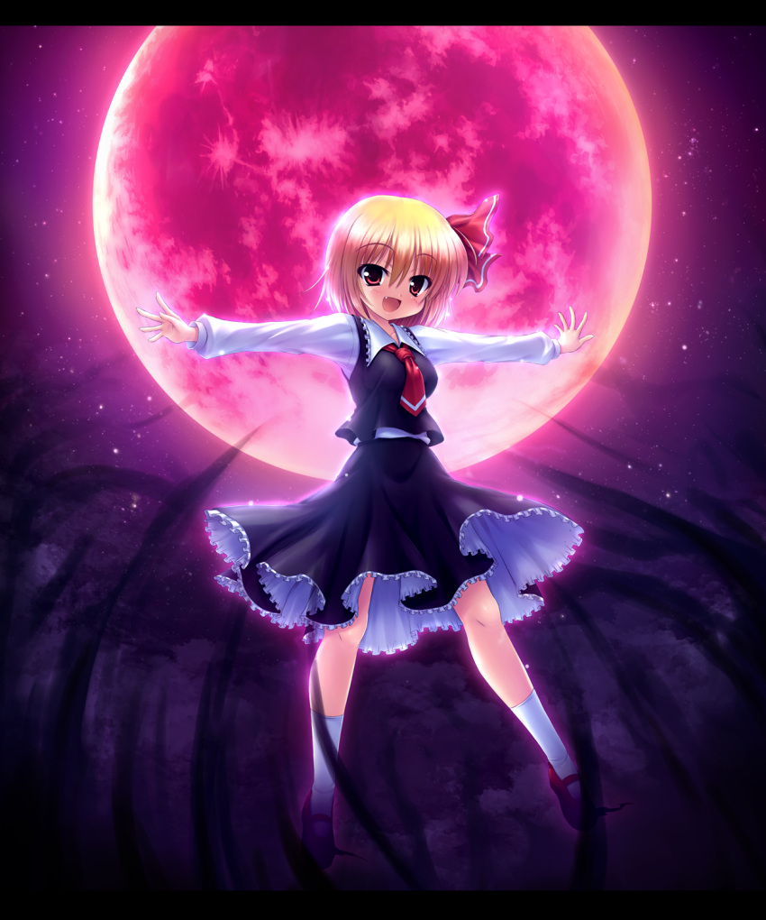 blonde_hair fang full_moon hair_ribbon highres letterboxed moon open_mouth outstretched_arms petticoat poni red_eyes red_moon ribbon rumia short_hair sky smile solo spread_arms star_(sky) starry_sky takeponi touhou