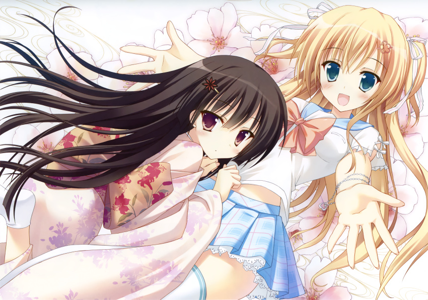 2girls :d absurdres black_hair blonde_hair blue_eyes flower highres huge_filesize japanese_clothes kimono lying multiple_girls open_mouth outstretched_hand saeki_nao school_uniform smile tagme violet_eyes