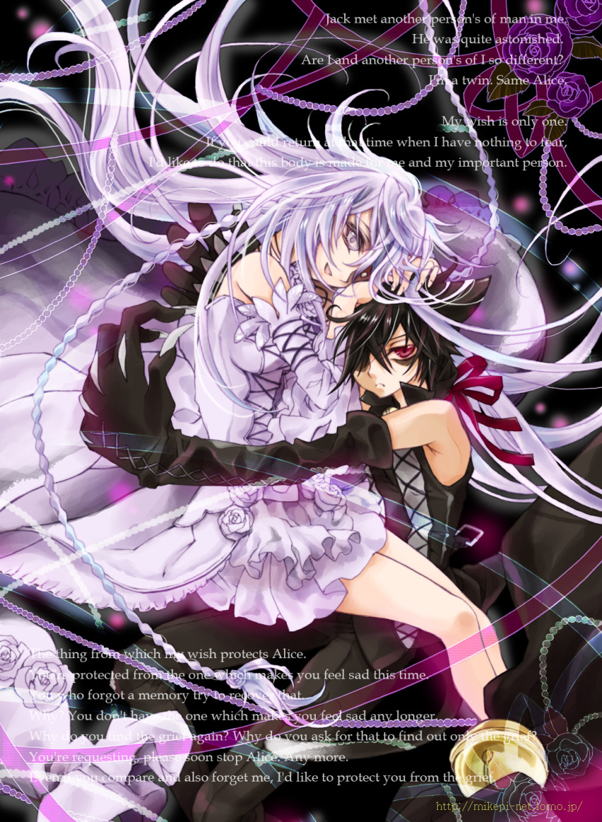 1girl animal_ears bad_id bell brown_hair cat cheshire_cat_(pandora_hearts) couple dress engrish flower hair_over_one_eye highres hug long_hair mikepi pandora_hearts ranguage red_eyes ribbon rose short_hair smile white_hair white_rose will_of_the_abyss