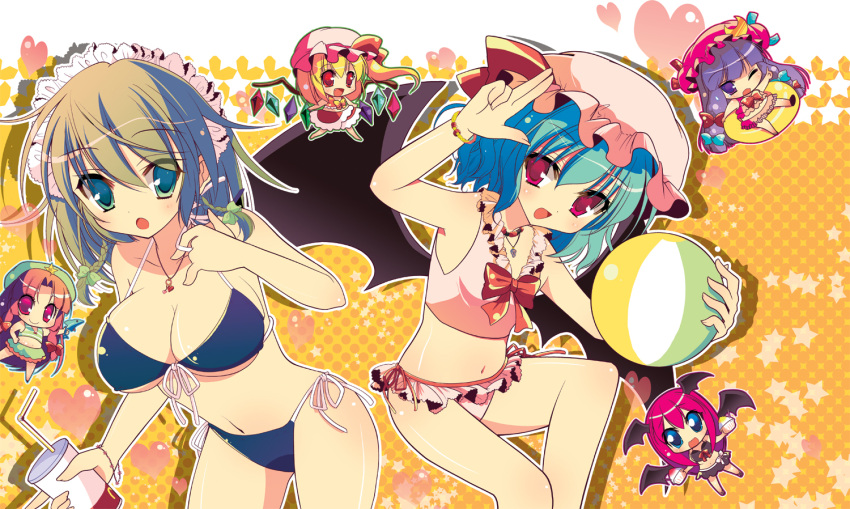 :d :o aqua_hair ball bat_wings beachball bikini blonde_hair blue_eyes blue_hair bow bowtie bracelet braid breasts chibi crescent drink flandre_scarlet flat_chest food front-tie_top green_eyes hair_bow halftone halftone_background hand_on_hip happy hat head_wings heart holding hong_meiling innertube izayoi_sakuya jewelry koakuma large_breasts long_hair maid_headdress mcdonald's multiple_girls open_mouth orange_hair patchouli_knowledge pendant pink_hair product_placement purple_eyes purple_hair red_eyes red_hair remilia_scarlet shaved_ice shiwasu_horio short_hair side-tie_bikini side_ponytail smile star starry_background straw swimsuit the_embodiment_of_scarlet_devil touhou twin_braids two-finger_salute wavy_mouth wings