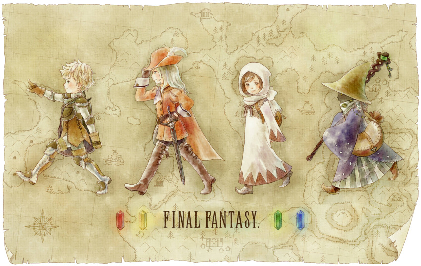 armor bag belt black_mage blonde_hair blue_eyes boots brown_hair cape cocura compass_rose crystal final_fantasy final_fantasy_i fingerless_gloves gloves green_eyes hat highres hood long_hair map pointing red_mage robe short_hair smile staff sword walking warrior weapon white_mage witch_hat wizard_hat yellow_eyes