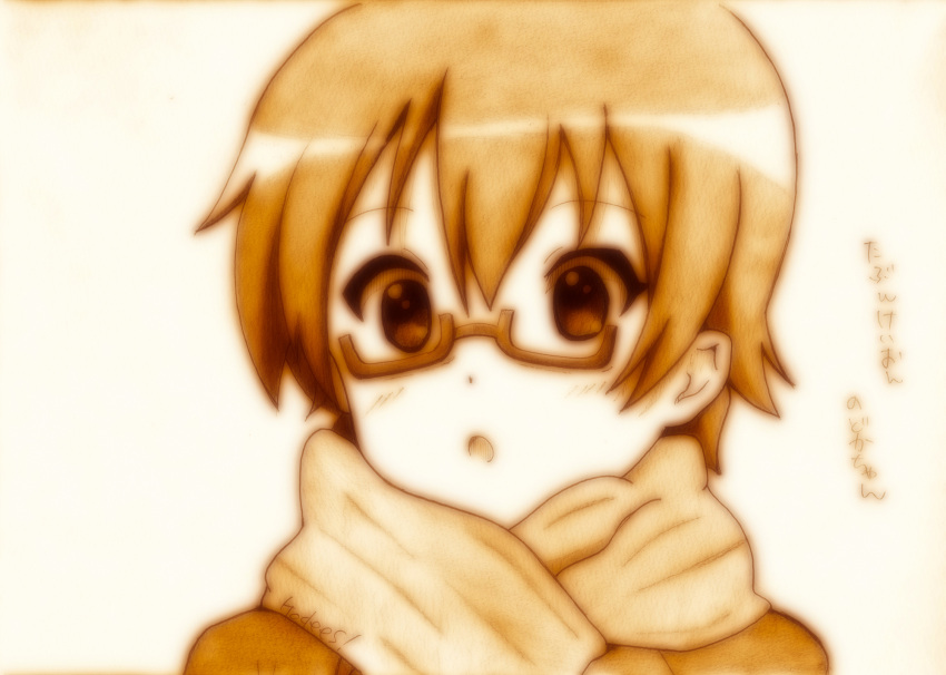 blush glasses godees highres k-on! manabe_nodoka monochrome open_mouth scarf short_hair sketch solo traditional_media