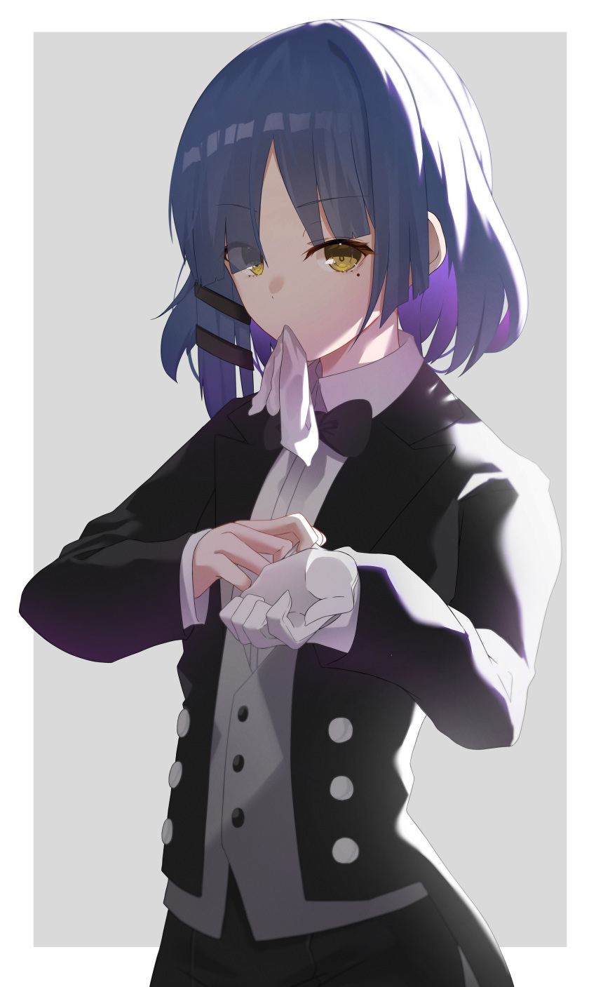 1girl absurdres black_bow black_bowtie black_jacket black_pants blue_hair bocchi_the_rock! border bow bowtie bureoeve buttons closed_mouth collared_jacket collared_shirt colored_inner_hair commentary_request glove_in_mouth gloves grey_background grey_vest hair_ornament hairclip hands_up highres jacket long_sleeves looking_at_viewer mole mole_under_eye mouth_hold multicolored_hair open_clothes open_jacket outside_border pants purple_hair removing_glove shirt short_hair simple_background solo standing suit vest white_border white_gloves white_shirt yamada_ryo yellow_eyes