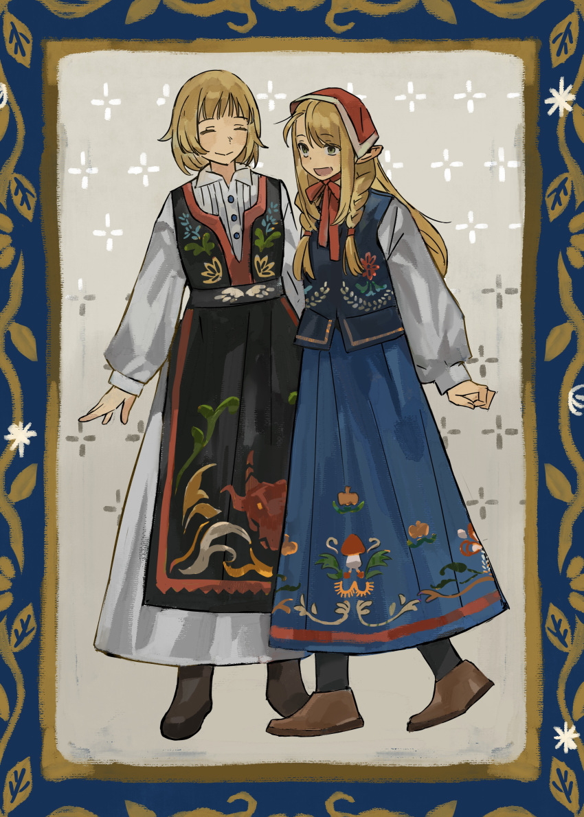 2girls :d absurdres alternate_costume black_dress blonde_hair blue_skirt blue_vest border braid character_print chin_strap closed_mouth clothing_request dragon dress dungeon_meshi elf embroidery facing_viewer falin_thorden full_body grey_background grey_eyes hair_over_shoulder happy haxinssy head_scarf highres layered_dress long_hair long_sleeves looking_ahead marcille multiple_girls open_mouth ornate_border pointy_ears puffy_long_sleeves puffy_sleeves shirt short_hair skirt smile twin_braids vest walking_mushroom_(dungeon_meshi) western_dragon white_dress white_shirt