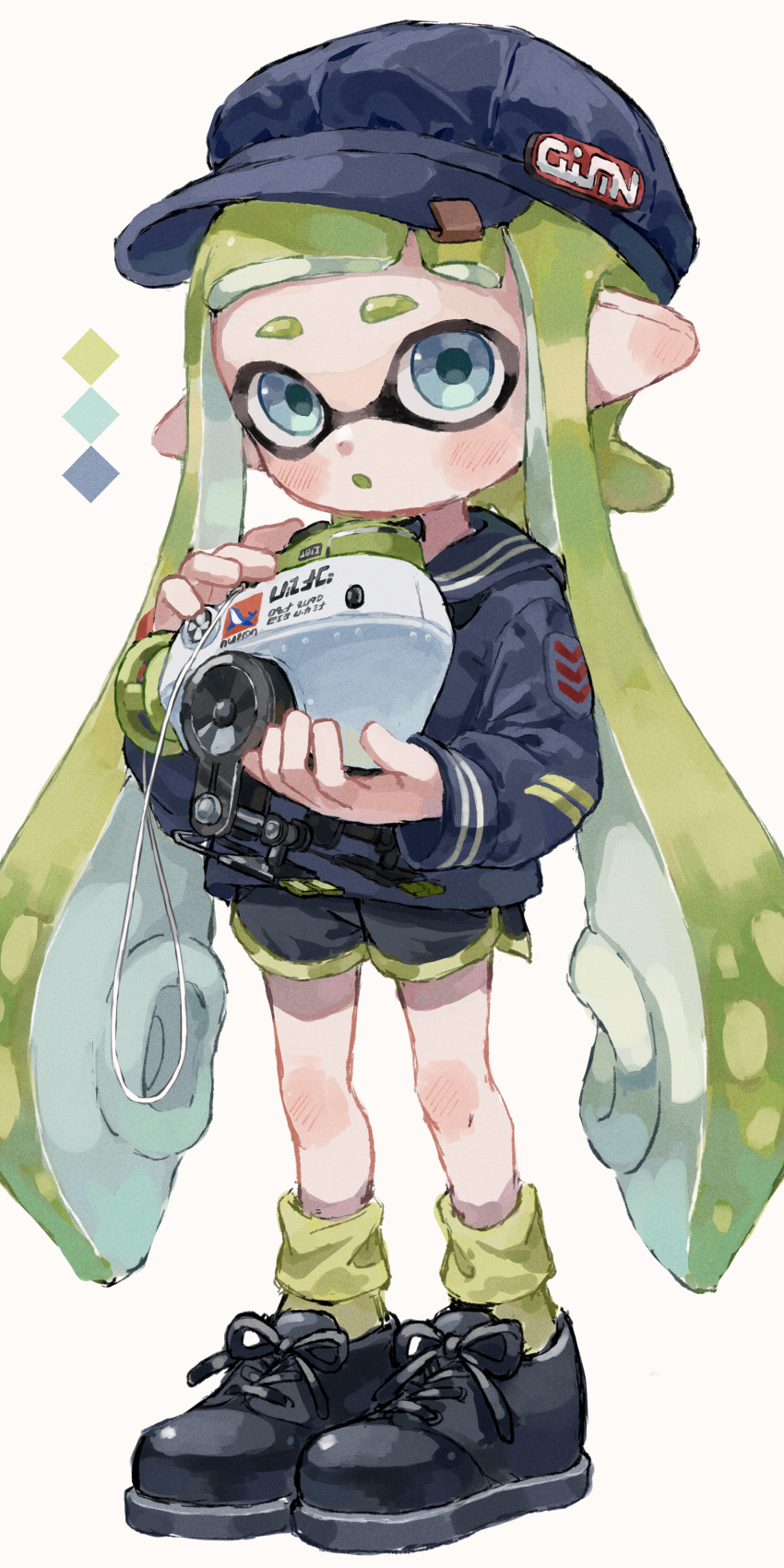 1girl :o absurdres autobomb_(splatoon) black_footwear black_shorts blue_eyes blue_headwear commentary_request cross-laced_footwear full_body green_hair green_socks green_trim hat highres holding holding_weapon inkling inkling_girl long_hair myon_rio open_mouth pointy_ears sailor_collar sailor_shirt shirt shoes short_shorts shorts simple_background socks solo splatoon_(series) splatoon_2 standing tentacle_hair thick_eyebrows weapon white_background
