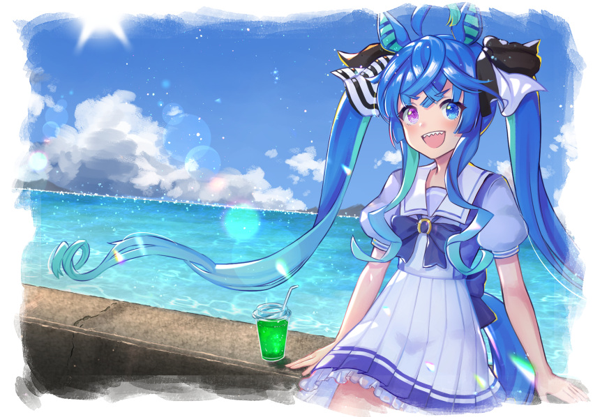 1girl :d @_@ ahoge animal_ears aqua_hair blue_bow blue_eyes blue_hair blue_shirt blue_sky border bow caustics chromatic_aberration clouds commentary_request cowboy_shot crossed_bangs cup day drink drinking_straw fading_border hair_bow heterochromia highres horizon horse_ears horse_girl horse_tail lens_flare long_hair looking_at_viewer melon_soda multicolored_hair outdoors partial_commentary petticoat pleated_skirt puffy_short_sleeves puffy_sleeves sailor_collar school_uniform sharp_teeth shirt short_sleeves sidelocks sitting skirt sky smile solo striped striped_bow sun tail takanishi_takashi teeth tracen_school_uniform twin_turbo_(umamusume) twintails two-tone_hair umamusume upper_teeth_only very_long_hair violet_eyes water white_border white_sailor_collar white_skirt