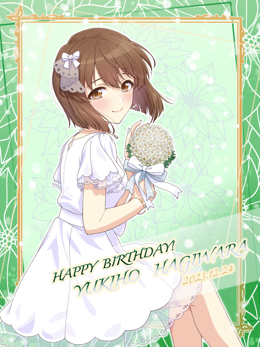 1girl 2023 absurdres blush bob_cut bouquet bow bracelet breasts brown_eyes brown_hair character_name closed_mouth daisy dated dress earrings floating_hair floral_background flower hagiwara_yukiho hair_bow hair_ornament happy_birthday highres holding holding_bouquet holding_flower idolmaster idolmaster_million_live! idolmaster_million_live!_theater_days jewelry looking_at_viewer medium_breasts nail_polish ornate_border pendant ribbon see-through see-through_sleeves shiro_(ongrokm) short_hair sitting smile solo white_dress white_flower white_nails