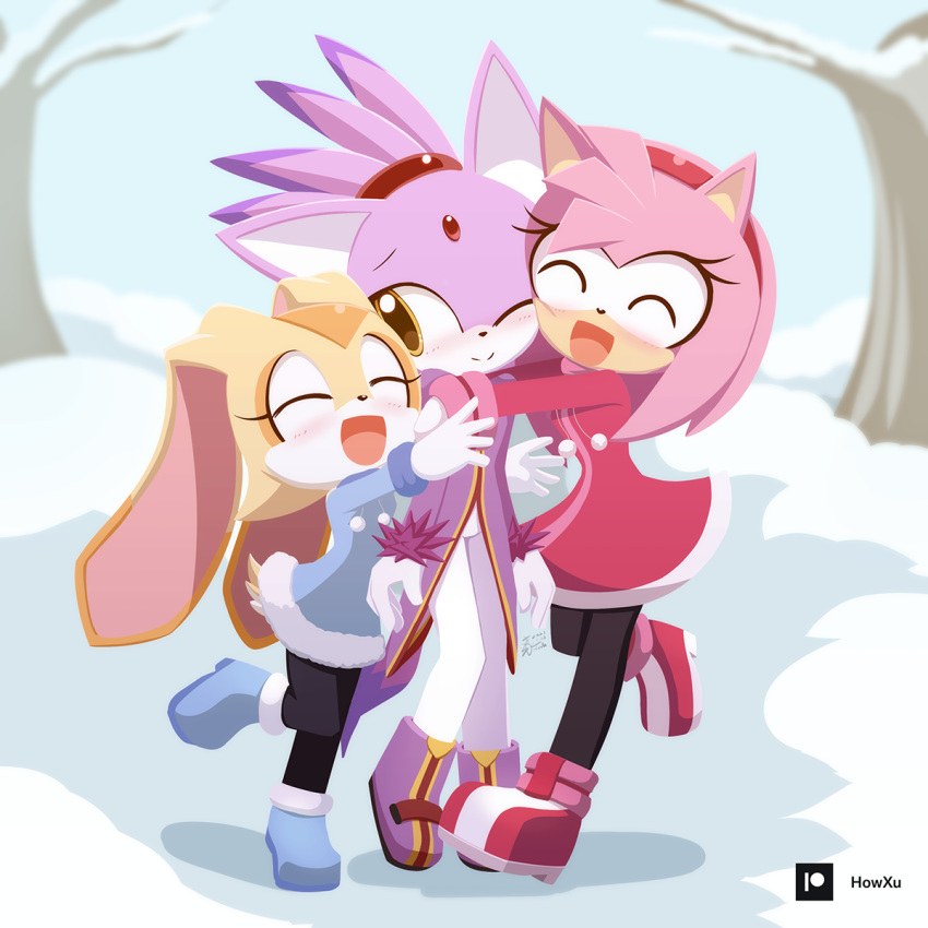 3girls amy_rose animal_ears blaze_the_cat blush cat_ears cat_girl cat_tail closed_eyes cream_the_rabbit eyelashes forehead_jewel fur-trimmed_gloves fur_trim furry furry_female gloves hairband hedgehog_girl highres howxu hug multiple_girls one_eye_closed open_mouth pink_fur purple_fur rabbit_ears rabbit_girl rabbit_tail red_hairband smile snow sonic_(series) tail topknot white_gloves winter winter_clothes yellow_eyes