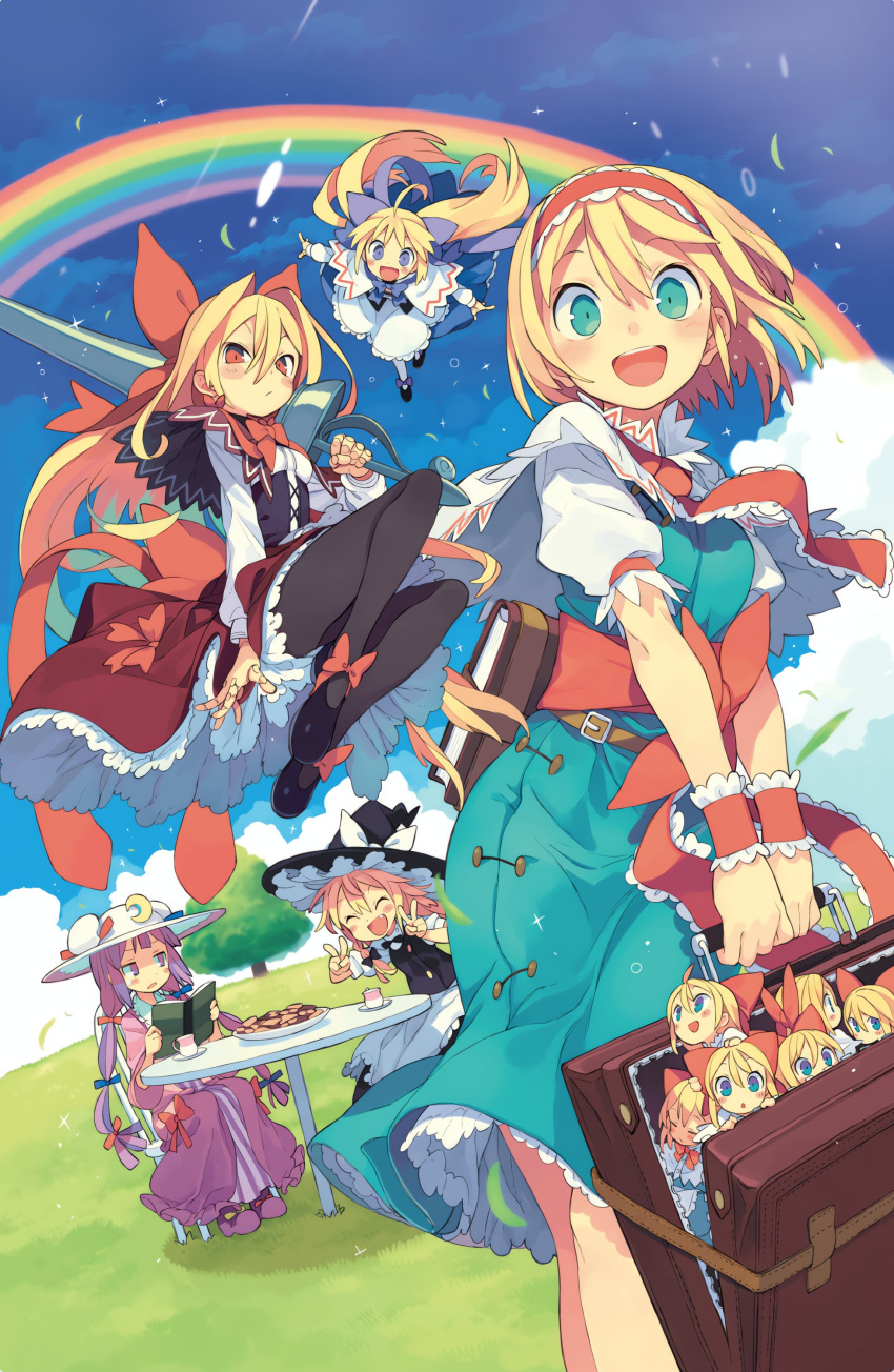 3girls absurdres alice_margatroid ascot blonde_hair blue_dress blue_eyes blue_sky book capelet dress dutch_angle floating frilled_ascot frilled_dress frilled_hairband frills hairband hat highres holding holding_book holding_weapon kirisame_marisa looking_at_viewer morino_hon multiple_girls open_mouth outdoors patchouli_knowledge puffy_short_sleeves puffy_sleeves purple_dress purple_hair rainbow red_ascot red_hairband shanghai_doll short_sleeves sitting sky smile touhou weapon white_capelet witch_hat