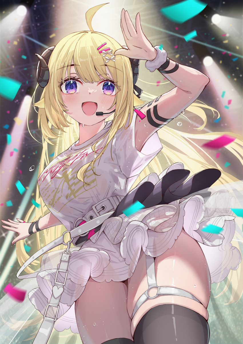 1girl absurdres ahoge animal_ears belt black_thighhighs blonde_hair blush breasts clothes_writing concert curled_horns dress garter_straps hair_ornament hairclip hairpin highres hololive horns juu_p large_breasts long_hair o-ring o-ring_thigh_strap official_alternate_costume open_mouth overskirt see-through_sleeve_layer sheep_ears sheep_girl sheep_horns shirt smile solo stage string string_of_fate thigh-highs thigh_strap thighs tsunomaki_watame tsunomaki_watame_(watame_night_fever!!) violet_eyes virtual_youtuber white_belt white_dress white_garter_straps white_shirt