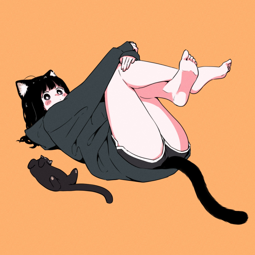 ahoge animal_ear_fluff animal_ears bare_legs barefoot black_cat black_eyes black_hair blush_stickers bright_pupils cat cat_ears cat_girl cat_tail crossed_legs dolphin_shorts feet grey_hoodie hands_on_own_knees highres hood hoodie looking_at_viewer lying megateru no_nose on_back on_floor original oversized_clothes shorts sleeves_past_wrists soles tail thighs toes white_pupils