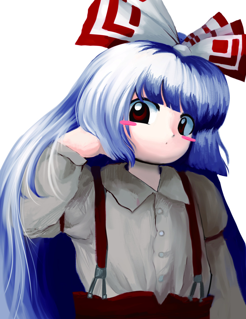 1girl blue_hair blunt_bangs blush_stickers bow buttons collared_shirt fujiwara_no_mokou hair_bow hand_in_own_hair hand_up highres hime_cut long_hair long_sleeves looking_at_viewer pants red_eyes red_pants revision shirt simple_background solo standing suspenders touhou upper_body very_long_hair white_background yakumora_n zun_(style)