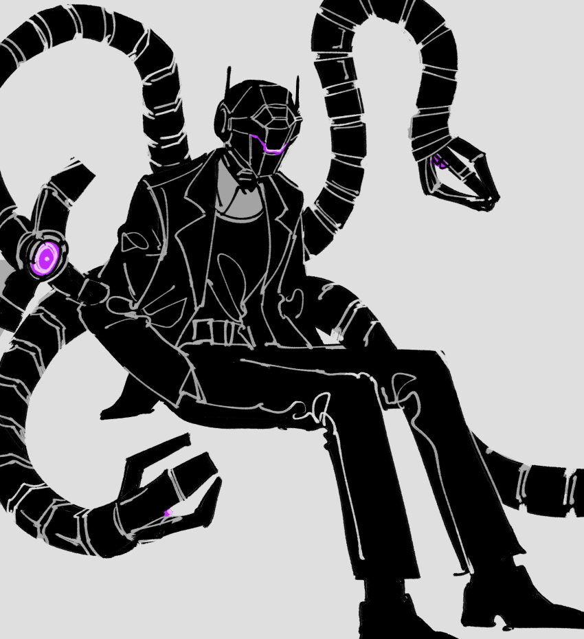 1boy absurdres android bono_(project_moon) coat collared_shirt greyscale helmet highres library_of_ruina long_sleeves looking_to_the_side maskv mechanical_tentacles monochrome pants project_moon shirt shoes simple_background sitting solo sweater