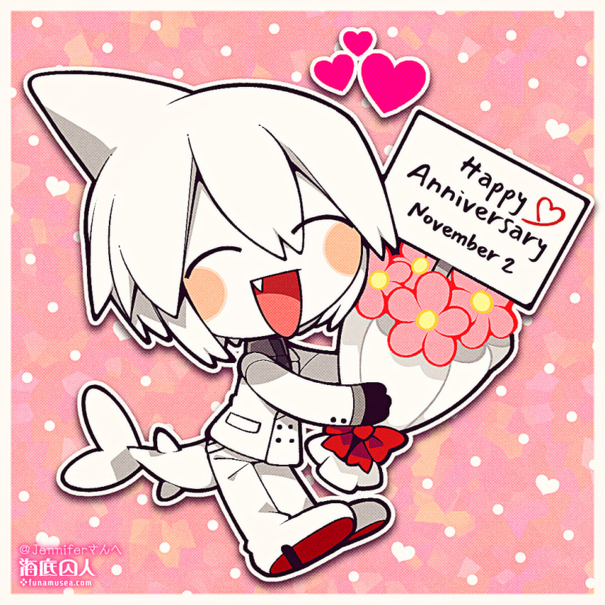 1boy ^_^ artist_name black_gloves blush_stickers border bow chibi closed_eyes colored_skin commission commissioner_name fang fins fish_tail funamusea funamusea_(artist) gloves happy_anniversary heart necktie official_art oounabara_to_wadanohara open_mouth pants pink_background polka_dot polka_dot_background red_bow shark_boy shark_fin shark_tail skeb_commission solo syake_(wadanohara) tail white_border white_footwear white_pants white_skin