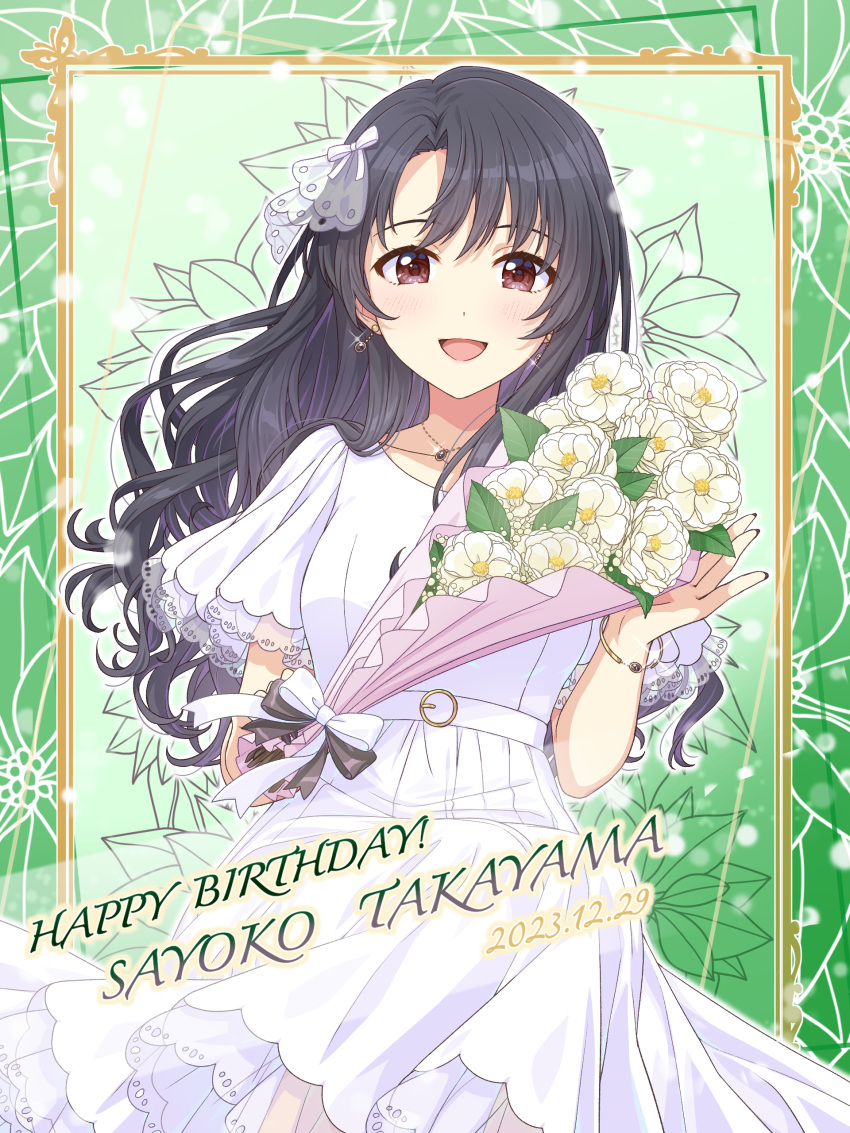 1girl 2023 absurdres belt black_hair blush bouquet bow bracelet breasts camellia character_name collarbone dated dot_nose dress earrings floral_background floral_print flower green_background hair_bow hair_ornament hair_over_shoulder happy_birthday highres holding holding_bouquet idolmaster idolmaster_million_live! idolmaster_million_live!_theater_days jewelry long_hair looking_at_viewer medium_breasts nail_polish open_mouth ornate_border parted_bangs pendant red_eyes ribbon see-through see-through_sleeves shiro_(ongrokm) short_sleeves sidelocks smile solo takayama_sayoko wavy_hair white_dress white_flower