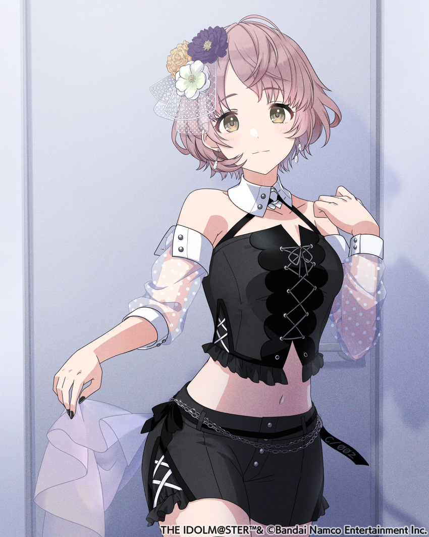 1girl bare_shoulders belt black_bow black_nails bow breasts buttons chain closed_mouth collarbone commentary_request company_name copyright_name cross-laced_clothes cross-laced_shorts cross-laced_top detached_collar detached_sleeves dot_nose earrings flower frills hair_flower hair_ornament highres idol idolmaster idolmaster_shiny_colors idolmaster_shiny_colors_song_for_prism ikuta_haruki jewelry light_brown_hair light_smile looking_at_viewer medium_breasts midriff navel official_art polka_dot purple_flower see-through see-through_sleeves short_hair shorts sidelocks solo standing swept_bangs tareme yellow_eyes yellow_flower