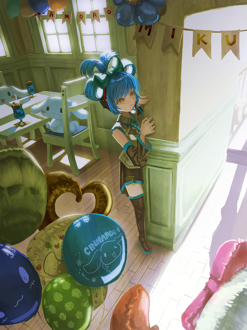 1girl 1other absurdres aqua_necktie balloon black_footwear black_skirt black_sleeves blue_hair boots bow bunting chair character_name cinnamiku cinnamoroll clone closed_mouth collared_shirt commentary_request creature day detached_sleeves food green_bow green_eyes grey_shirt hair_bow hair_rings hatsune_miku headphones highres ice_cream ice_cream_float indoors kagenoyuhi long_sleeves necktie on_chair out_of_frame peeking_out perspective pleated_skirt sanrio shadow shirt sitting skirt sleeveless sleeveless_shirt standing sunlight table thigh_boots updo vocaloid window wooden_floor zettai_ryouiki