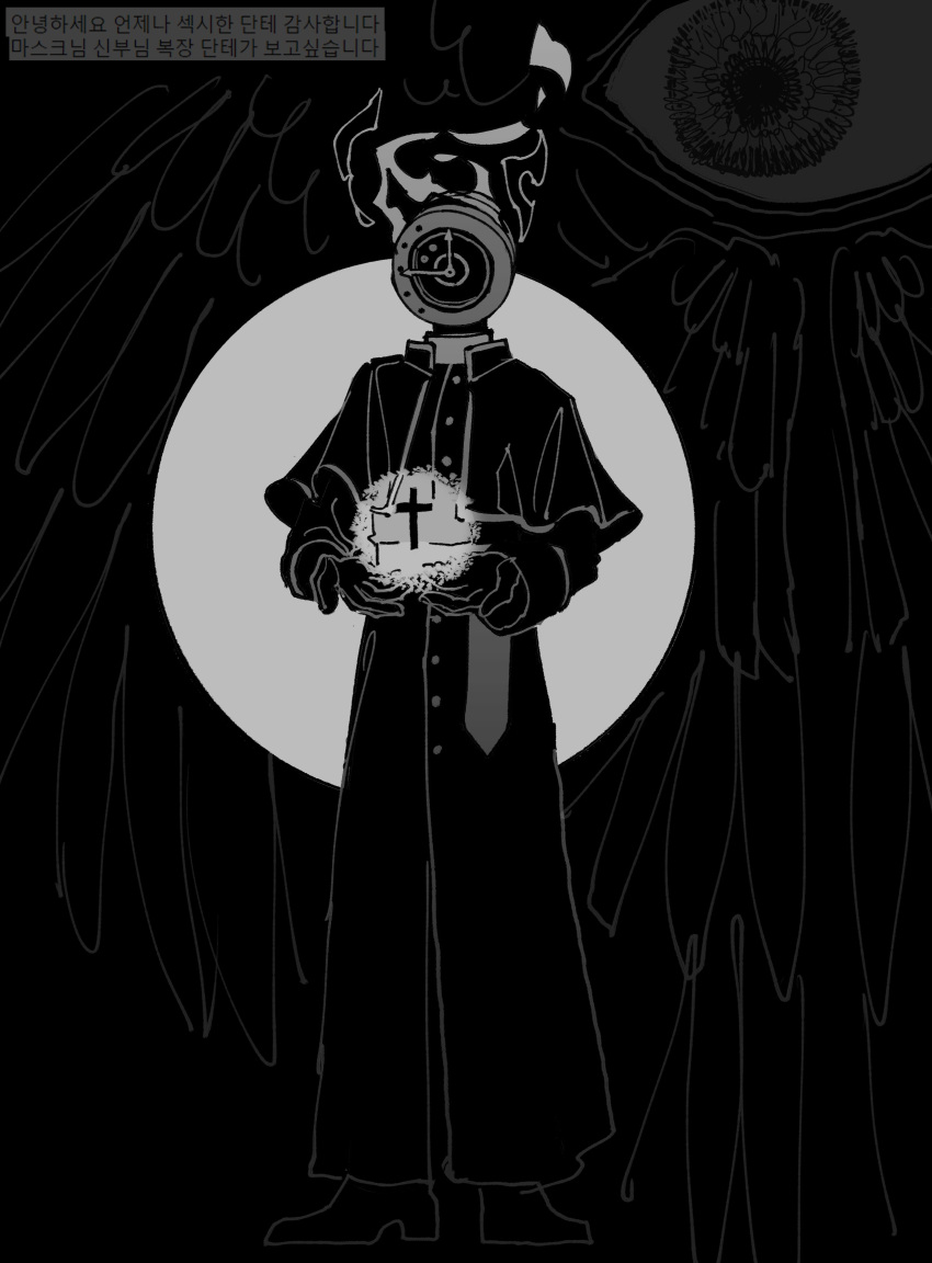 1other absurdres biblically_accurate_angel buttons capelet clock cross dante_(limbus_company) eyeball feathered_wings fire gloves greyscale habit highres latin_cross limbus_company long_sleeves maskv monochrome multiple_wings object_head project_moon sash seraph shoes wings