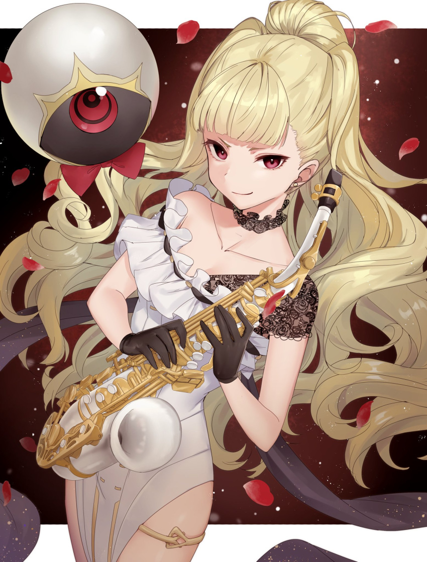 1girl adapted_costume bare_shoulders black_gloves blonde_hair closed_mouth collarbone commentary commission detached_collar dress earrings eitri_(fire_emblem) english_commentary evil_smile falling_petals fire_emblem fire_emblem_heroes frilled_dress frills gloves haru_(nakajou-28) highres holding holding_instrument instrument jewelry long_hair petals ponytail prehensile_hair red_eyes rose_petals saxophone second-party_source skeb_commission smile solo very_long_hair wavy_hair white_dress