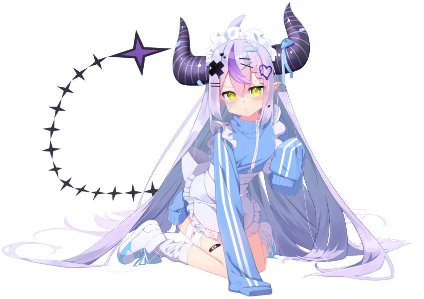 absurdres ahoge alternate_costume apron bandage_on_leg bandaid bandaid_hair_ornament bandaid_on_face bandaid_on_leg black_horns blue_sweater braid braided_bangs frilled_apron frills full_body grey_hair hair_ornament heart heart_hair_ornament highres hololive horns kamaboko_(kmm15a) la+_darknesss long_hair maid_apron maid_headdress multicolored_hair on_floor pointy_ears pout purple_hair seiza simple_background sitting sleeves_past_fingers sleeves_past_wrists streaked_hair striped_horns sweater tearing_up very_long_hair virtual_youtuber waist_apron white_apron white_background white_footwear x_hair_ornament yellow_eyes