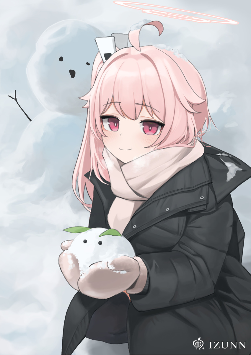 1girl absurdres black_coat black_pantyhose blue_archive blush closed_mouth coat highres holding long_hair long_sleeves mittens momocadraw natsu_(blue_archive) pantyhose pink_hair red_eyes scarf smile snow snow_rabbit snowman solo white_mittens white_scarf