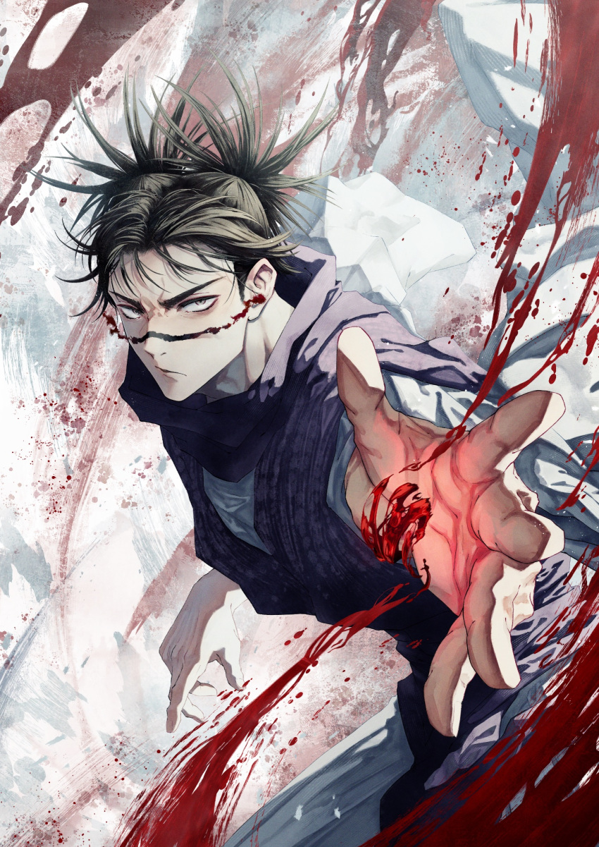 1boy akigiri_pp blood choso_(jujutsu_kaisen) expressionless facial_tattoo fighting_stance grey_eyes highres hood hoodie jujutsu_kaisen long_sleeves looking_at_viewer male_focus outstretched_hand red_hoodie short_twintails solo tattoo twintails upper_body