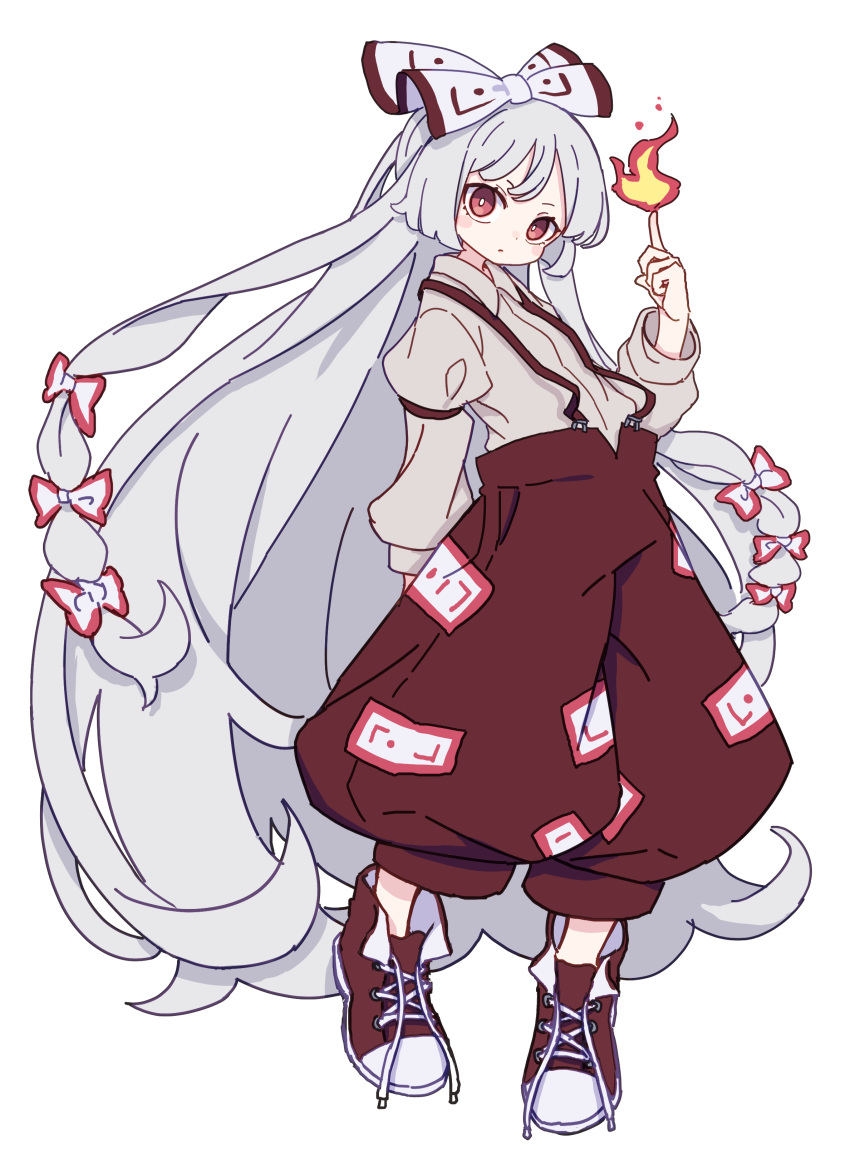 1girl absurdres baggy_pants blush_stickers bow closed_mouth collared_shirt fire fujiwara_no_mokou full_body grey_hair hair_bow highres kame_(kamepan44231) long_hair long_sleeves pants red_eyes red_footwear red_pants shirt shoes simple_background sleeve_garter solo touhou white_background white_bow white_shirt
