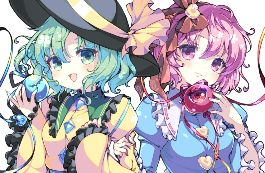 2girls :3 :d black_headwear blouse blue_nails blue_ribbon blue_shirt blush bow buttons closed_mouth commentary diamond_button fingernails frilled_shirt_collar frilled_sleeves frills green_eyes green_hair hair_between_eyes hair_bow hair_ornament hands_up hat hat_ribbon heart heart_button heart_hair_ornament holding_another's_arm komeiji_koishi komeiji_satori long_sleeves looking_at_viewer multiple_girls nail_polish open_mouth pink_eyes pink_hair pink_nails red_bow red_eyes red_ribbon ribbon ro_(igris-geo) shirt short_hair siblings sisters smile third_eye touhou upper_body wide_sleeves yellow_ribbon yellow_shirt