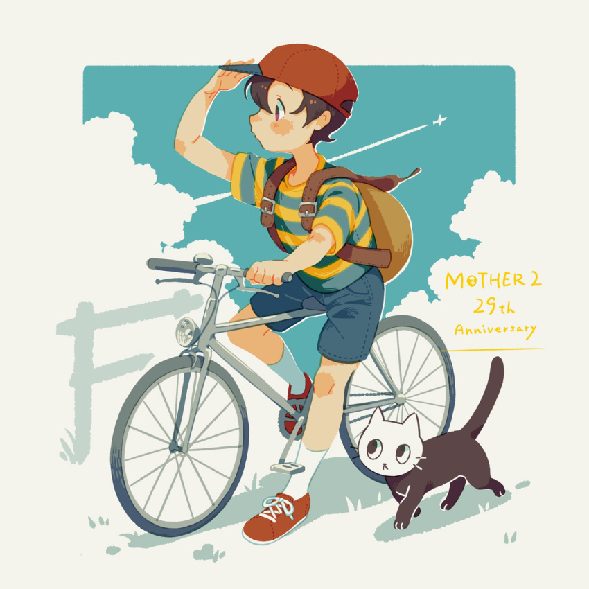 1boy baseball_cap bicycle black_hair blue_shorts blush_stickers brown_bag cat contrail hat highres looking_afar male_focus mother_(game) mother_2 ness_(mother_2) outdoors red_footwear red_headwear riding riding_bicycle shifumame shirt shoes short_hair short_sleeves shorts sneakers socks solo striped striped_shirt whiskers white_socks