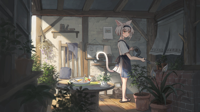 1girl absurdres animal_ears apron black_apron black_hairband book book_stack cat_ears cat_girl cat_tail dress egg_(food) flower_pot food fork fried_egg hairband ham highres holding holding_watering_can knife original plant plate potted_plant ram-a sandals short_hair short_sleeves table tail tomato watering watering_can white_dress white_hair wooden_table