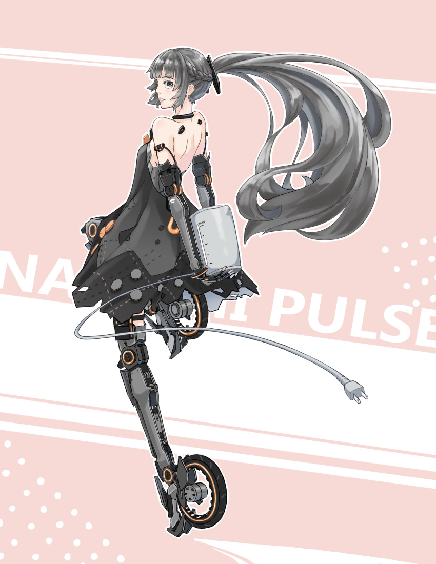 1girl absurdres bare_arms bare_shoulders black_choker black_dress bob_cut braid character_name choker commentary_request dress electric_kettle french_braid from_behind grey_eyes grey_hair hair_ornament highres holding joints kettle long_hair looking_back mechanical_arms mechanical_legs nanami:_pulse_(punishing:_gray_raven) nanami_(punishing:_gray_raven) parted_lips ponytail punishing:_gray_raven robot_joints skates sleeveless sleeveless_dress solo trashpanda_11b very_long_hair