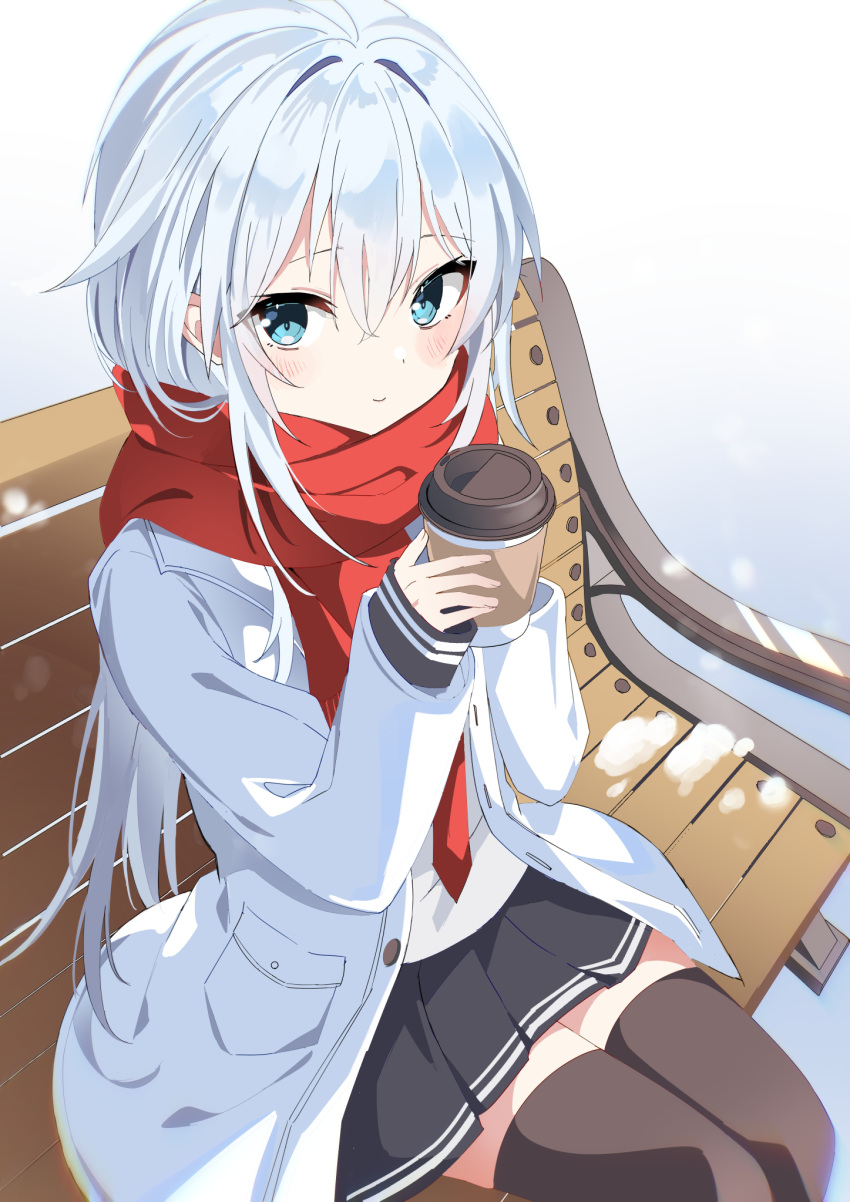 1girl bench black_skirt blue_eyes blush closed_mouth coat coffee_cup cup disposable_cup fathom grey_hair hair_between_eyes hibiki_(kancolle) highres holding holding_cup kantai_collection long_hair long_sleeves looking_at_viewer open_clothes open_coat pleated_skirt red_scarf scarf simple_background sitting skirt smile solo white_background white_coat