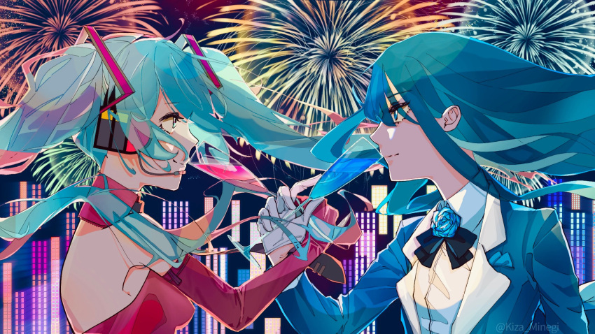 ado_(utaite) aerial_fireworks aqua_eyes aqua_hair black_bow black_bowtie blue_eyes blue_flower blue_hair blue_jacket blue_rose bow bowtie chando_(ado) closed_mouth cloud_nine_inc collared_shirt commentary cup dress dress_shirt earpiece elbow_gloves eye_contact fireworks flower flower_brooch gloves half_gloves hatsune_miku highres holding holding_cup jacket kiza_minegi long_hair long_sleeves looking_at_another open_clothes open_jacket purple_dress purple_gloves rose shirt sidelocks strapless strapless_dress tokyo_wa_yoru_(vocaloid) twintails twitter_username upper_body utaite vocaloid white_gloves white_shirt