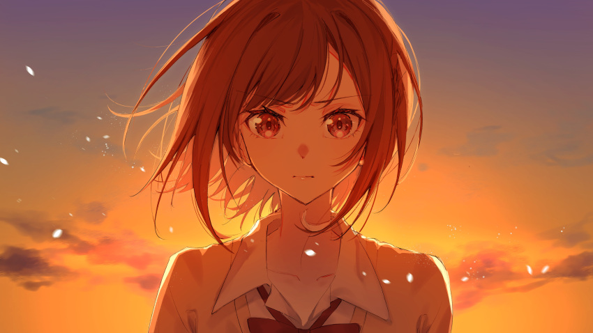 1girl absurdres bow bowtie brown_eyes brown_hair cardigan clouds collarbone collared_shirt commentary highres kamiyama_high_school_uniform_(project_sekai) light_frown light_particles looking_at_viewer parted_bangs project_sekai red_bow red_bowtie school_uniform serious shinonome_ena shirt short_hair solo sunrise swept_bangs upper_body white_shirt yellow_cardigan yuzuha_wasa