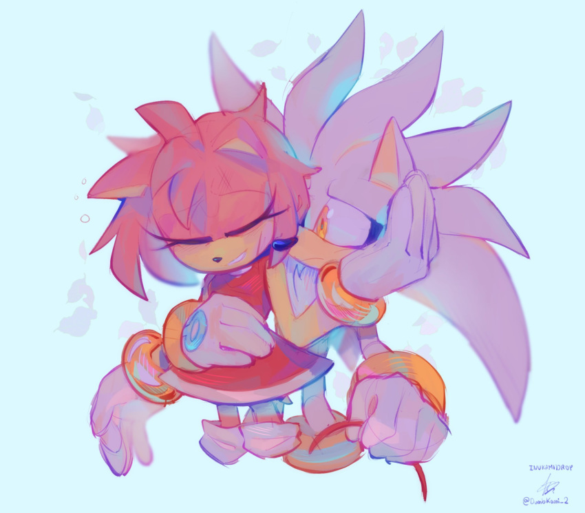 1boy 1girl amy_rose animal_ears animal_nose artist_name bare_shoulders blue_background body_fur bracelet closed_eyes closed_mouth dress dumbkami_2 english_commentary eyelashes furry furry_female furry_male gloves gold_bracelet grey_fur hairband hand_on_another's_face hand_up hedgehog hedgehog_ears hedgehog_girl hedgehog_tail hetero highres holding jewelry looking_at_another orange_eyes pink_fur red_dress red_hairband signature silver_the_hedgehog simple_background sleeveless sleeveless_dress smile socks sonic_(series) standing tail teeth unworn_hairband white_gloves white_socks