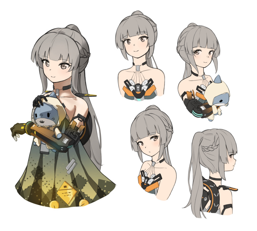 1girl armor armored_dress bare_shoulders blue_dress blunt_bangs braid chest_protector chinese_commentary coat collarbone commentary dress flat_chest gradient_dress grey_eyes grey_hair halter_dress halterneck highres hood hood_up hooded_coat joints light_blush liuxiao_suansuanyu long_hair looking_at_viewer mechanical_arms multicolored_clothes multicolored_dress multiple_views nanami:_pulse_(punishing:_gray_raven) nanami_(punishing:_gray_raven) polka_dot polka_dot_dress ponytail punishing:_gray_raven robot_joints shark-speare_(punishing:_gray_raven) side_braid simple_background spare_tire stuffed_animal stuffed_shark stuffed_toy upper_body wheel white_background yellow_coat yellow_dress