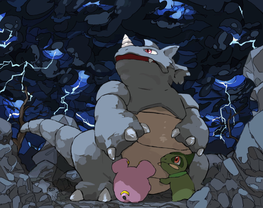 animal_focus aomon_(yuuji7604) axew black_cloud claws clouds colored_skin commentary_request fangs green_skin highres horns lightning no_humans open_mouth pokemon pokemon_(creature) purple_skin red_eyes rhydon rock single_horn tail whismur