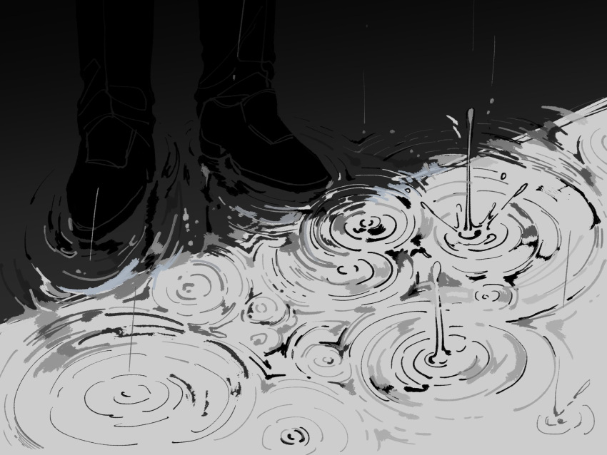 funeral_of_the_dead_butterflies greyscale highres lobotomy_corporation lower_body maskv monochrome pants project_moon rain ripples shoes water