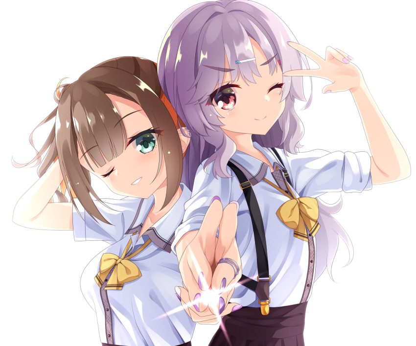 2girls ;) blunt_bangs blush bow breasts brown_hair center-flap_bangs closed_mouth commentary double_finger_gun ear_piercing eyelashes eyes_visible_through_hair finger_gun foreshortening green_eyes grey_hair grin gyaru hair_between_eyes hand_up highres jewelry kinoshita_kaede kogal long_hair looking_at_viewer medium_breasts multicolored_hair multiple_girls nail_polish one_eye_closed orange_hair piercing pink_nails pointing pointing_at_viewer purple_nails red_eyes ring school_uniform sesen2000 shiraishi_chika shirt short_sleeves side-by-side side_ponytail sidelighting simple_background skirt sleeves_rolled_up small_breasts smile split_mouth suspender_skirt suspenders tenshi_souzou_re-boot! thick_eyebrows two-tone_hair upper_body v v-shaped_eyebrows wavy_hair white_background white_shirt yellow_bow