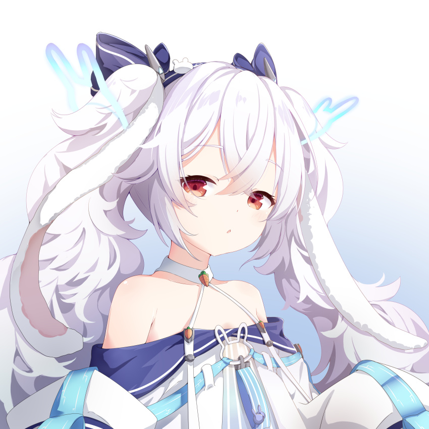 1girl absurdres animal_ears azur_lane bare_shoulders blue_ribbon collarbone crossed_bangs dress fake_animal_ears gradient_background hair_ornament hair_ribbon halterneck hands_up highres laffey_(azur_lane) laffey_ii_(azur_lane) long_hair looking_at_viewer parted_lips rabbit_ears rabbit_hair_ornament red_eyes ribbon simple_background sleeves_past_fingers sleeves_past_wrists solo twintails upper_body white_dress white_hair z-wumi