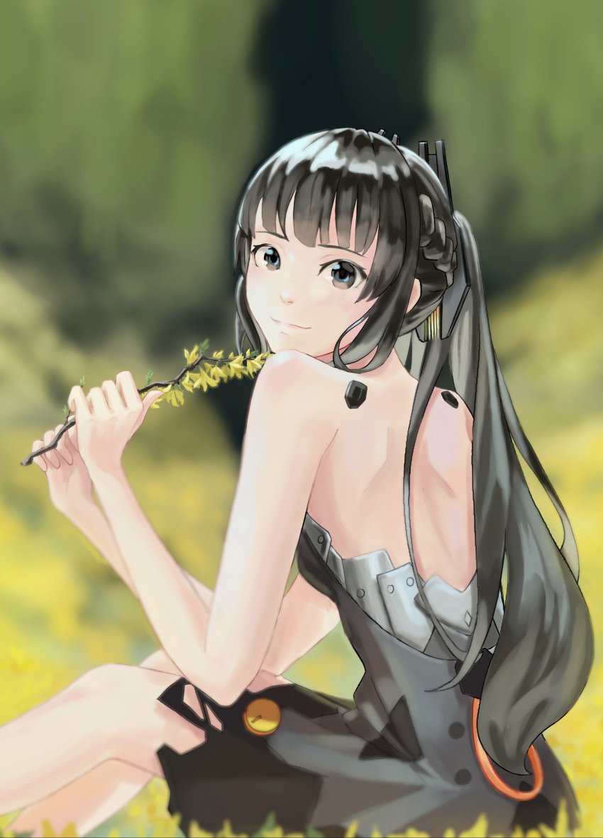 1girl absurdres backless_dress backless_outfit bare_arms bare_shoulders black_dress bob_cut braid branch closed_mouth dress french_braid grey_eyes grey_hair hair_ornament highres holding holding_branch long_hair looking_at_viewer looking_back mechanical_parts nanami:_pulse_(punishing:_gray_raven) nanami_(punishing:_gray_raven) ponytail punishing:_gray_raven sleeveless sleeveless_dress smile solo trashpanda_11b