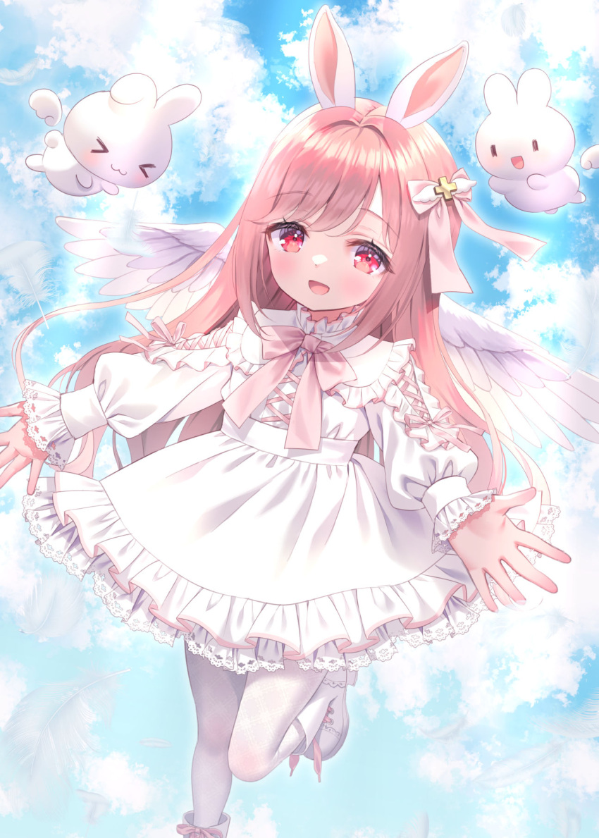 &gt;_&lt; 1girl :3 :d animal_ears blue_sky boots bow chitosezaka_suzu closed_eyes closed_mouth clouds cloudy_sky collared_dress commentary_request day dress feathered_wings frilled_dress frills hair_bow hair_intakes highres long_hair long_sleeves looking_at_viewer original outdoors pantyhose pink_bow pink_hair puffy_long_sleeves puffy_sleeves rabbit_ears red_eyes sky smile solo standing standing_on_one_leg very_long_hair white_bow white_dress white_footwear white_pantyhose white_wings wings |_|