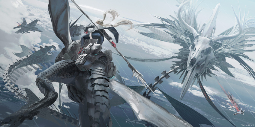 1girl above_clouds aircraft airplane antlers ass black_shirt black_shorts black_thighhighs brown_hair clouds commentary_request dragon fighter_jet fire floating_hair gloves grey_jacket highres holding holding_weapon jacket jet long_hair long_sleeves military_vehicle open_clothes open_jacket original red_gloves riding riding_animal shirt shorts skull solo swav thigh-highs very_long_hair weapon
