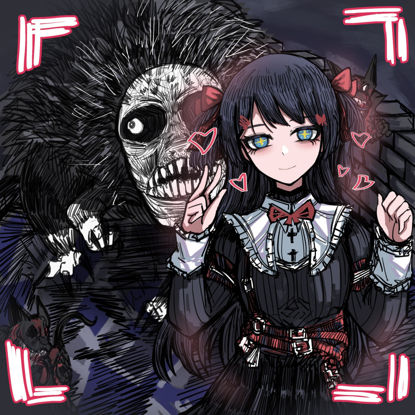 1:1_aspect_ratio 1girl alternate_costume bangs belt belt_buckle black_dress black_eyelashes black_fur black_souls blue_eyebrows blue_hair bow closed_mouth clothing colored cunshaxiaomi1 dress eyebrows eyebrows_visible_through_hair facing_viewer female fur hair_bow hair_ornament headwear heart highres looking_at_viewer mabel_(black_souls) monster multiple_belts open_eyes photo red_bow red_hair_bow red_heart red_ribbon ribbon smile star star-shaped_pupils star_(symbol) symbol-shaped_pupils teeth upper_body v