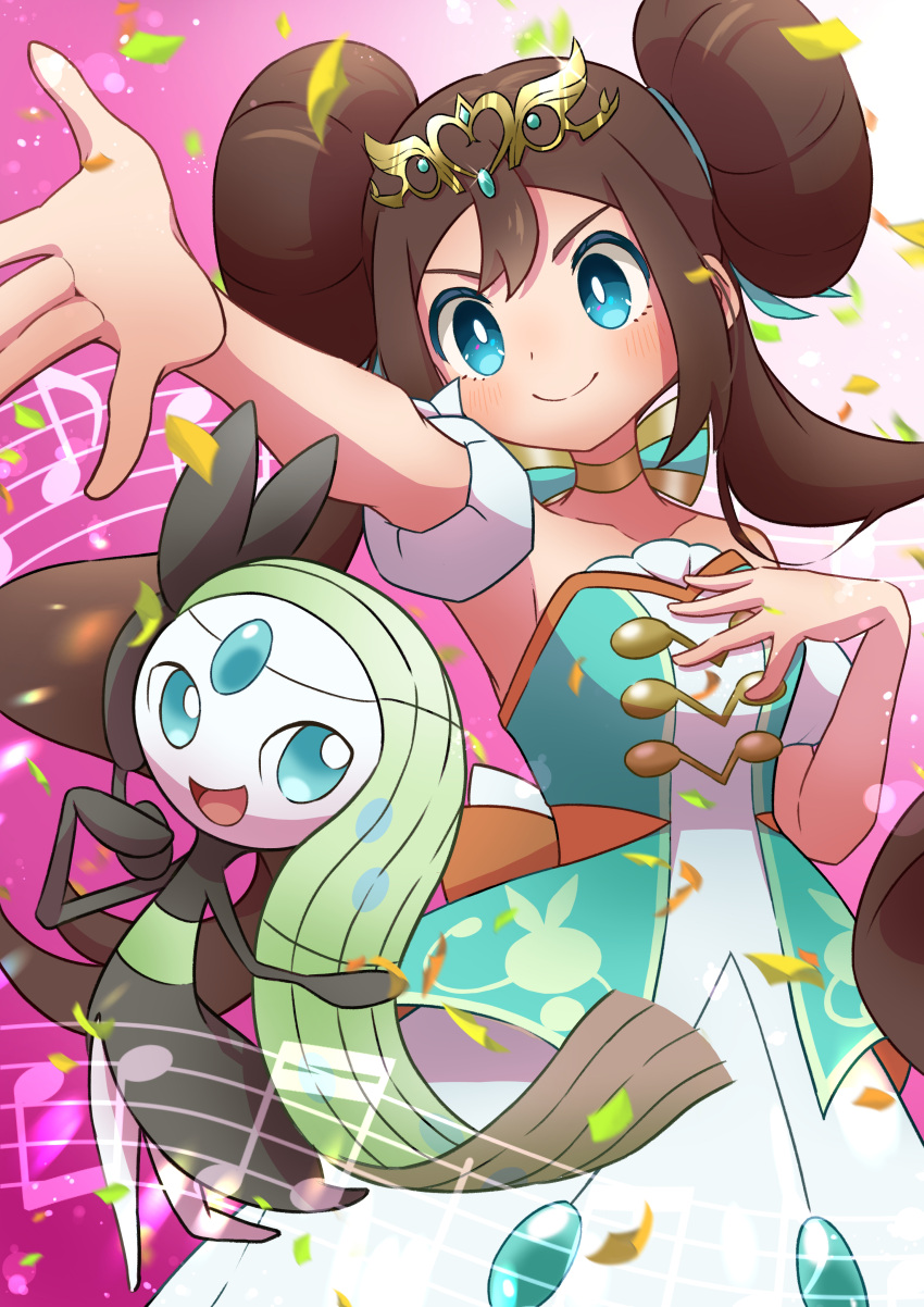 1girl absurdres blue_dress blue_eyes closed_mouth commentary_request dot_nose double_bun doughnut_hair_bun dress forehead_jewel gold_choker gradient_background gradient_eyes hair_bun hand_on_own_chest highres meloetta multicolored_eyes musical_note open_mouth outstretched_arm pink_background pokemon pokemon_(creature) pokemon_bw2 pokemon_masters_ex refisa rosa_(champion)_(pokemon) rosa_(pokemon) sheet_music smile strapless strapless_dress twintails two-tone_dress white_dress