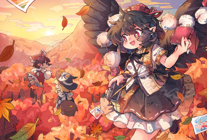 3girls :d autumn_leaves black_hair black_headwear black_skirt black_wings blonde_hair bow bright_pupils broom camera cirno clouds commentary_request frilled_skirt frills hair_bow hair_tubes hakurei_reimu hat highres holding holding_notebook kirisame_marisa kochiya_sanae leaf mame_komari multiple_girls notebook open_mouth outdoors photo_(object) pointy_ears pom_pom_(clothes) red_eyes red_headwear shameimaru_aya short_hair skirt smile tokin_hat touhou twitter_username watermark white_pupils wings witch_hat