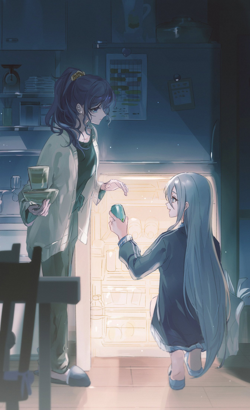2girls black_shirt blue_eyes cabinet calendar_(object) can cardigan chair commentary expressionless grey_hair grey_jacket grey_pants haku_wi highres holding holding_can house indoors jacket long_hair looking_at_another multiple_girls open_cardigan open_clothes pants project_sekai purple_hair ramen refrigerator scrunchie shirt sidelocks slippers smile squatting standing table very_long_hair white_cardigan yellow_scrunchie yoisaki_kanade